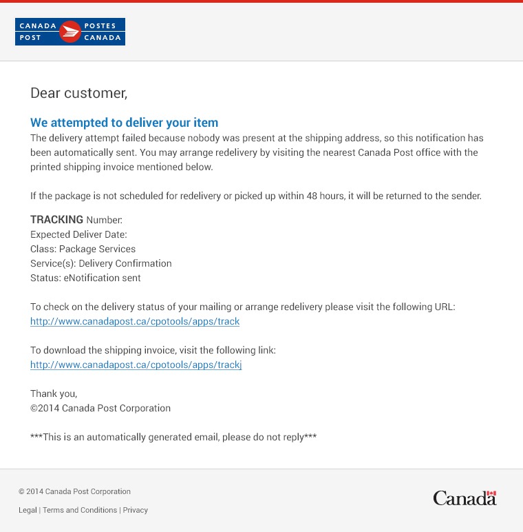Example of scam email from Canada Post